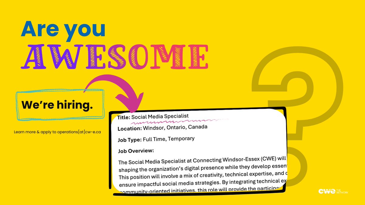 📣 Students! Want a summer job that builds your resume and your impact?
We’re hiring:
🔹 Social Media Specialist
🔹 Technical Support Specialist
Learn more at: cw-e.ca/careers/ 
🗓 Deadline: April 28
📧 Apply: operations@cw-e.ca
#WindsorJobs #DigitalCareers #WeTheNetwork
