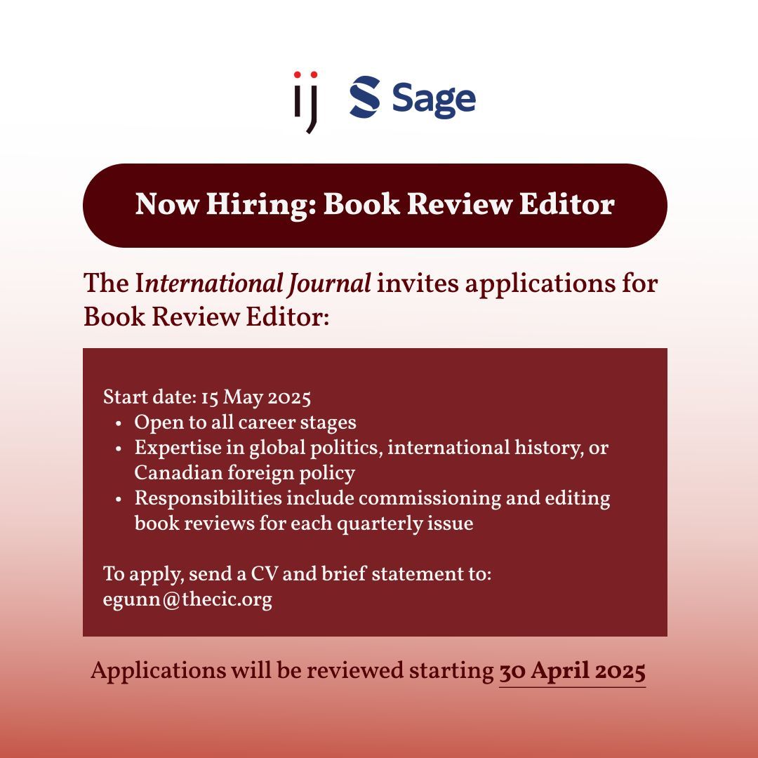 International Journal (@intl_journal) on Twitter photo ICYMI: International Journal is hiring a Book Review Editor. Apply by April 30 to egunn@thecic.org. Open to all career stages. ICYMI: International Journal is hiring a Book Review Editor. Apply by April 30 to egunn@thecic.org. Open to all career stages.