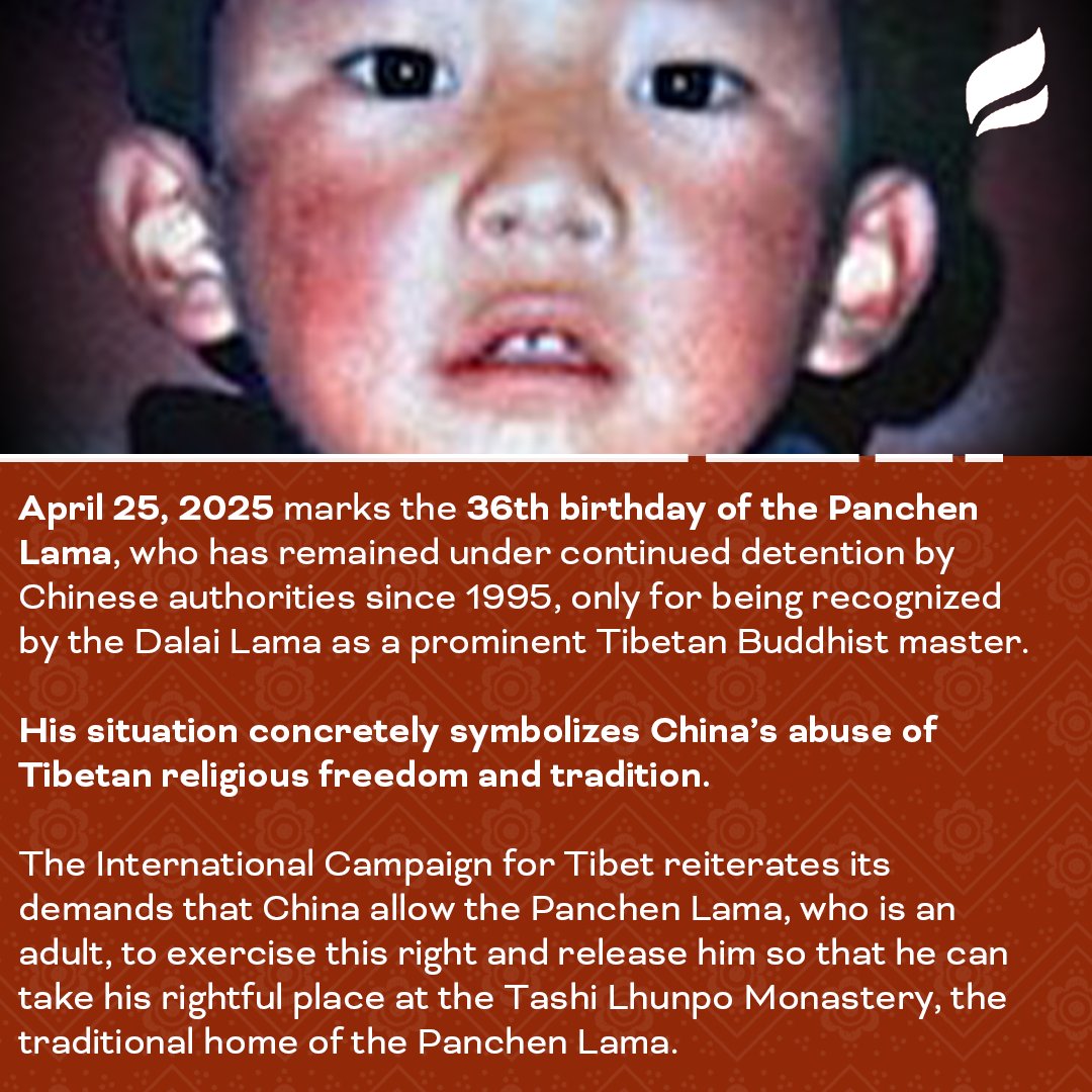 3 days after he was recognized by the Dalai Lama, Chinese authorities kidnapped 6-year-old Gedhun Choekyi Nyima and his parents. He has not been seen since.

As we approach the Panchen Lama’s 36th birthday, read our full statement: savetibet.org/ict-statement-…