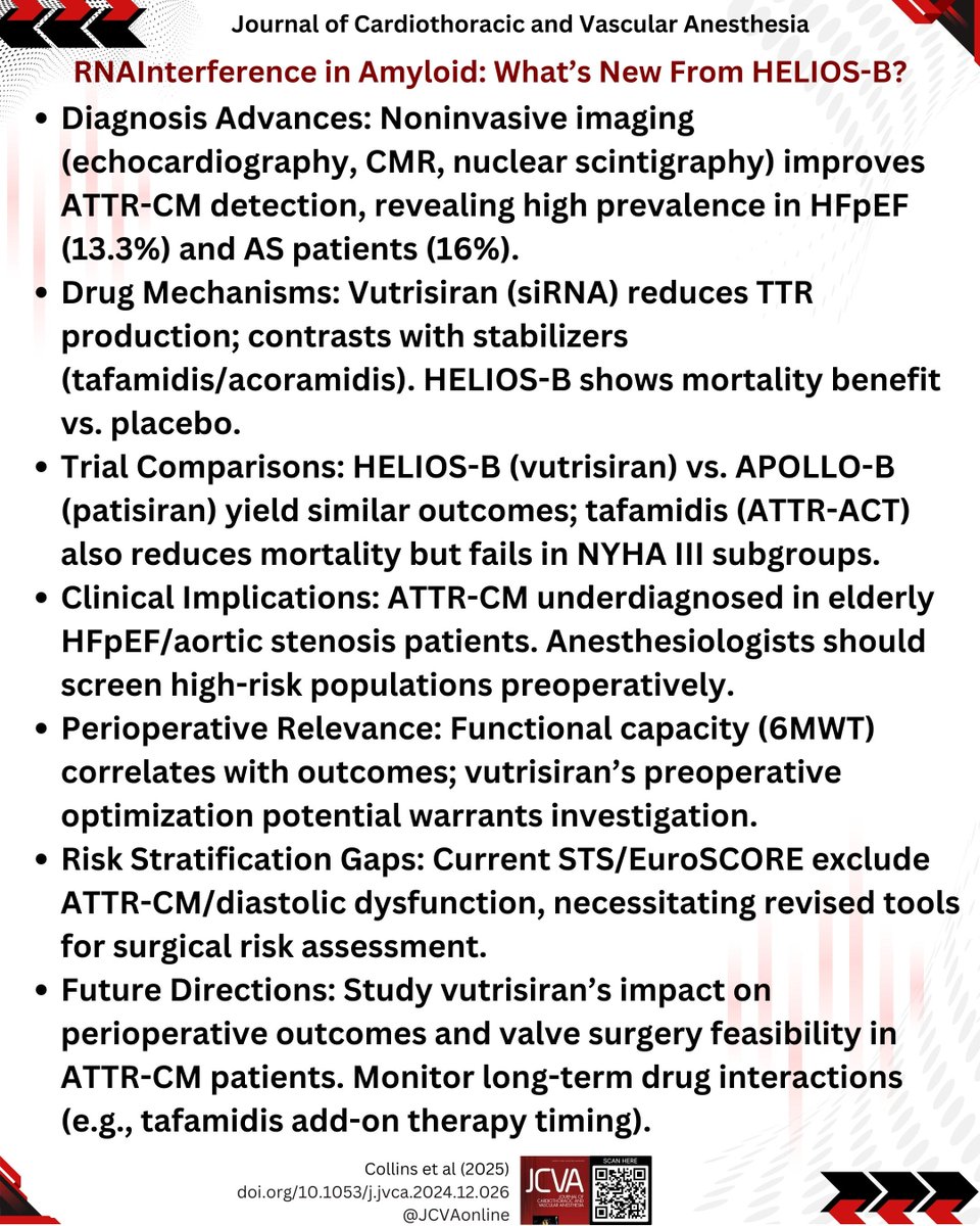 JCVAonline's tweet photo. RNA interference therapy Vutrisiran shows MORTALITY REDUCTION in ATTR amyloid cardiomyopathy (HELIOS-B trial)! 💥
🔗 https://t.co/NQFKh54WuO
#CardiacAnesthesia #Amyloidosis #HeartFailure #RNAtherapy #HELIOSB #JCVA https://t.co/5SqcSvzL10