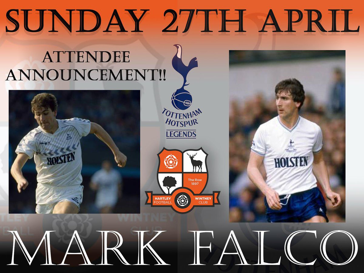 HartleyFC's tweet photo. Player announcement for Sunday April 27th’s HWFC XI v Spurs Legends fixture. 

We are delighted to announce that Mark Falco will be pulling on the Lillywhites shirt at The Memorial Ground.

Tickets are selling fast. Book now to secure your place for this unique sporting event.

#UTR #SpursLegends #HWFC #Spurs #MillersTestimonial #NoakesTestimonial