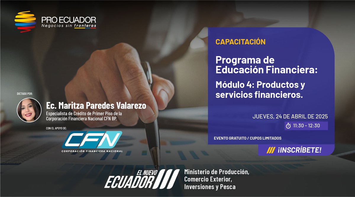 ProEcuador_'s tweet photo. ✅Toma decisiones estratégicas y fortalece tu economía con prácticas responsables.
Participa en nuestra capacitación y alcanza tus metas con equilibrio financiero.
👉 Regístrate aquí: https://t.co/3fsss4oKLZ
#FormandoExportadores👨🏻🏫 https://t.co/Rj8DxQ3C0i