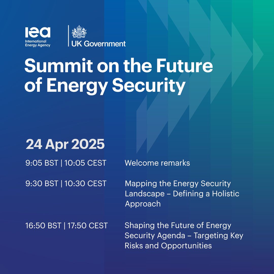 Our Summit on the Future of Energy Security kicks off tomorrow! Tune in LIVE ⬇️

⏰ 10:05 CEST → Welcome remarks
⏰ 10:30 CEST → Mapping the Energy Security Landscape
⏰ 17:50 CEST → Shaping the Future of Energy Security Agenda

📺👉 iea.li/42JyThY