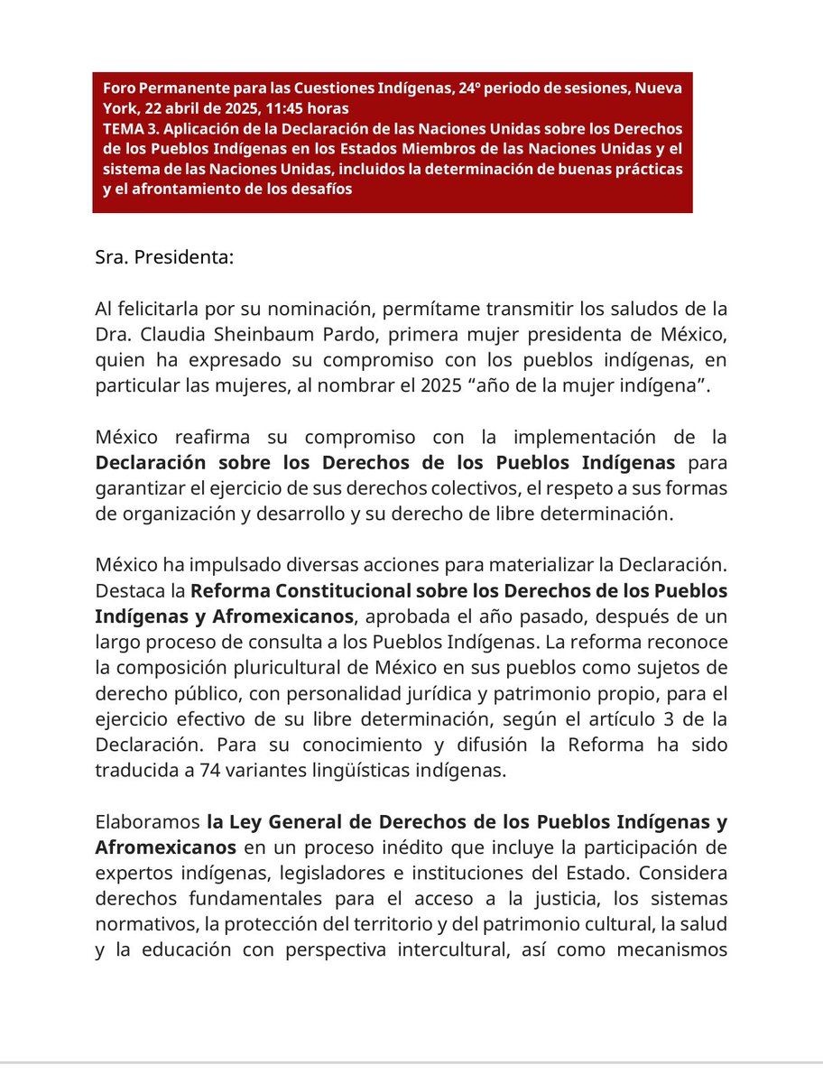 XeewTorres's tweet photo. En nombre del DG @INPI @DEELAYUUK México @MexOnu reitera necesario impulsar un instrumento vinculante para implementar los derechos consagrados en la #DNUDPI  y propone celebrar un seminario global en homenaje del hermano kichwa Raúl Ilaquiche. 

24ª sesión #UNPFII @ONU_es 2025 https://t.co/zuYKXe62l4