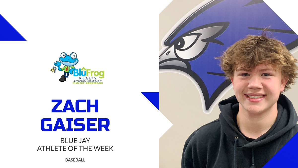 Congratulations to Zach Gaiser, JHS Baseball, for being selected as the BluFrog Blue Jay Male AOW!  

As pitcher recorded 1 Win &amp; 1 Save
vs. BHS: 7.0 IP, 5 hits, 1 ER (Win)
vs. St. Mary's:  1.3 IP, 0 hits (Save)
