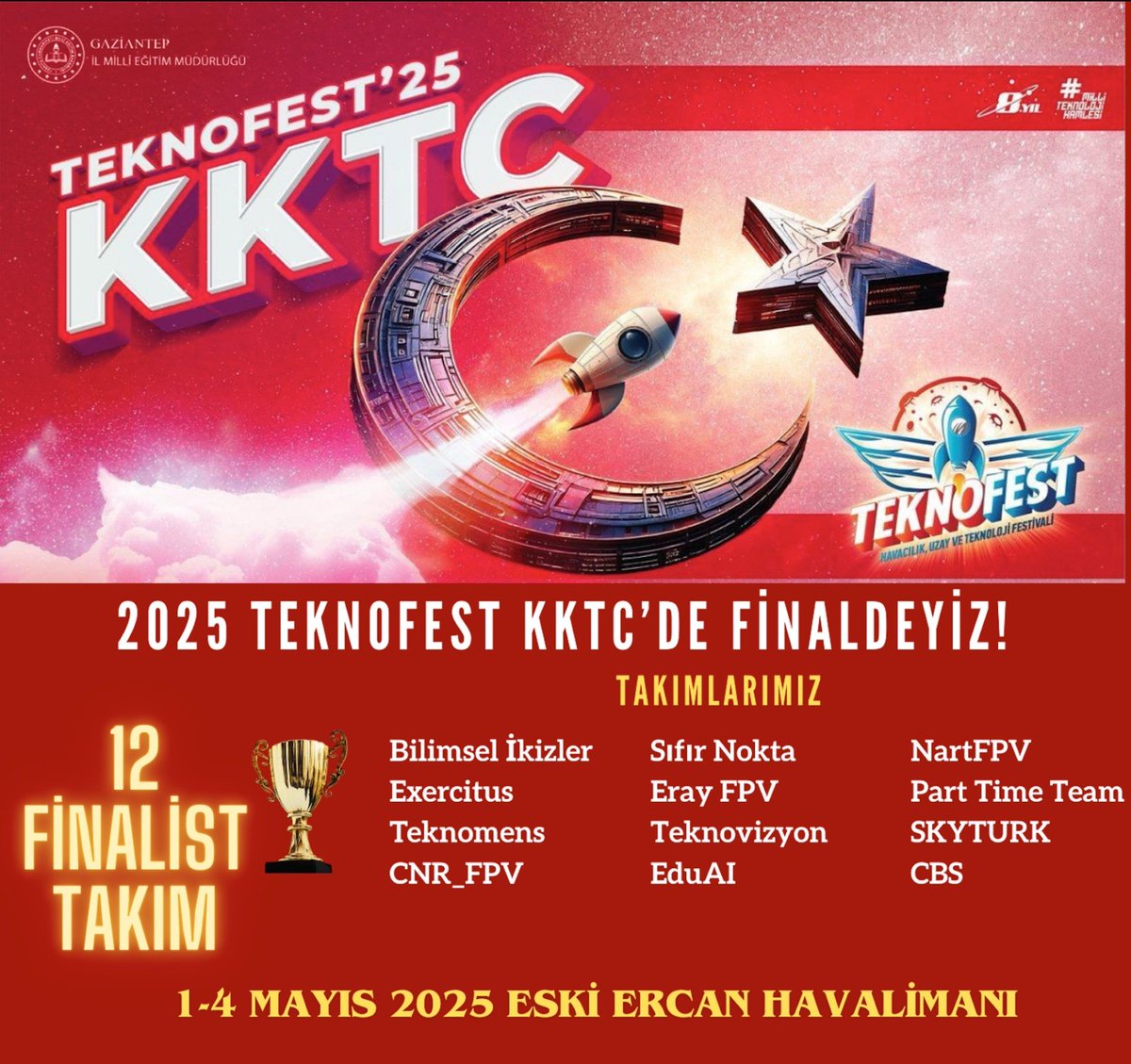 Gaziantep_MEM's tweet photo. GAZİANTEP'TEN 1️⃣2️⃣ TAKIM, TEKNOFEST KKTC'YE FİNALİST OLARAK GİDİYOR! 🚀

📍Kuzey Kıbrıs Türk Cumhuriyeti ev sahipliği ile 1-4 Mayıs tarihleri arasında gerçekleşecek dünyanın en büyük havacılık, uzay ve teknoloji festivali TEKNOFEST'e finalist olarak giden 268 takımdan 12'si Gaziantep'ten!👏

Gazi şehri temsil edecek öğrenci takımlarını ve öğretmenlerini tebrik ediyor, kendilerine yarışmalarda başarılar diliyoruz.💌

@tcmeb @Yusuf__Tekin @TCSanayi @teknofest @T3Vakfi @kemalcebervali @erdalkilinc27