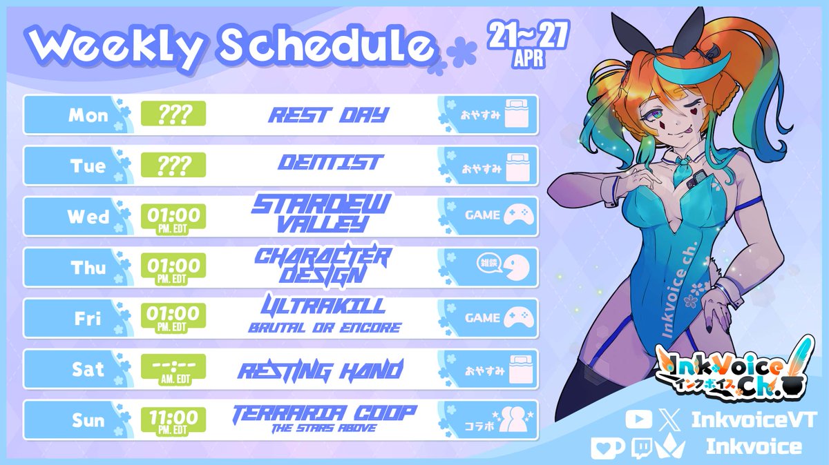 RavernaRook's tweet photo. 21-27 APRIL WEEK SCHEDULE
Sorry for the late: Dentist was needed.
Art tag: #Inkanvas
Fanname: #Inkdrops
Live: #LivInk
For collabs, pls dm. https://t.co/PpS7KAjaG4