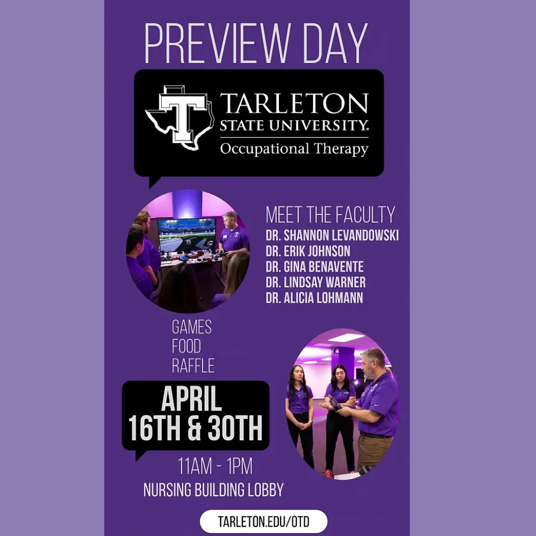 Mark your calendars for OTD Preview Day at Tarleton State University!
🕚 11 AM – 1 PM
📍 Nursing Building Lobby
#OTDPreviewDay #TarletonState