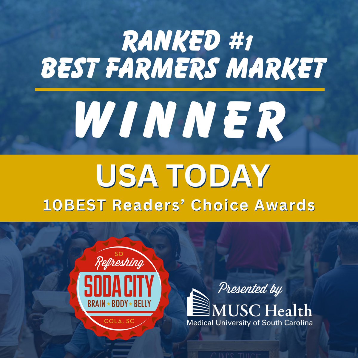 SodaCity (@sodacitysc) on Twitter photo 📣 SODA CITY IS #1 IN THE NATION!
Thanks to your votes, Soda City Market was named Best Farmers Market in the U.S. by USA Today’s 10Best! 🏆 👉Huge thanks to <a href="/CityofColumbia/">City of Columbia</a>, <a href="/MainStDistrict/">Main Street District</a>, @muschealth & everyone who shows up rain or shine! #SodaCitySC #10Best <a href="/10Best/">USA TODAY 10Best</a> 📣 SODA CITY IS #1 IN THE NATION!
Thanks to your votes, Soda City Market was named Best Farmers Market in the U.S. by USA Today’s 10Best! 🏆 👉Huge thanks to <a href="/CityofColumbia/">City of Columbia</a>, <a href="/MainStDistrict/">Main Street District</a>, @muschealth & everyone who shows up rain or shine! #SodaCitySC #10Best <a href="/10Best/">USA TODAY 10Best</a>