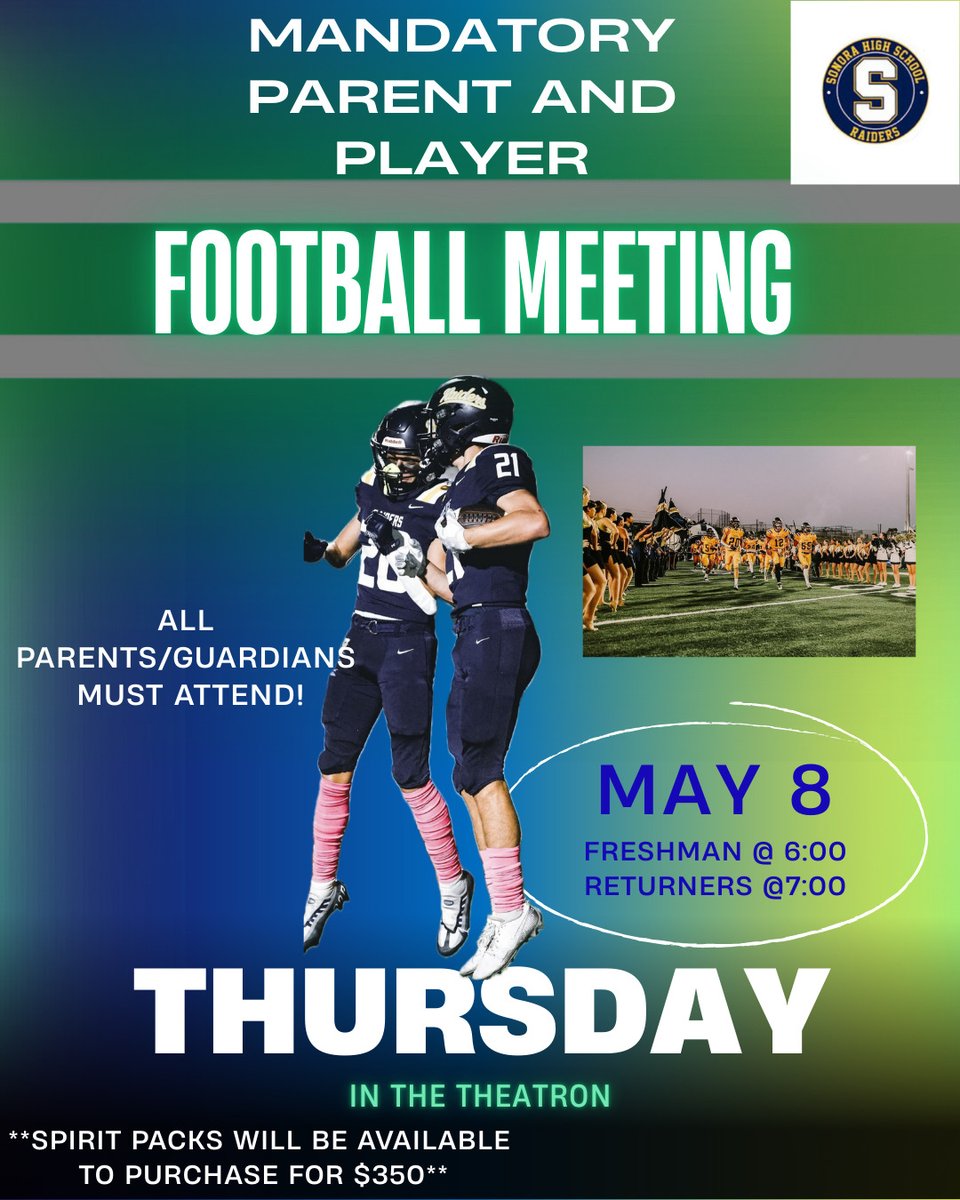 Mark your calendars! Thursday, May 8th we have our mandatory parent &amp; player meeting in the Theatron.

Freshman @ 6 pm
Returners @ 7 pm

Go Raiders!!
