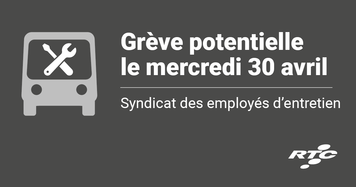 RTCQuebec's tweet image. ❗ Avis de grève d’une journée déposé par le syndicat des employés d’entretien. Cette journée de grève pourrait être exercée le 30 avril prochain. Nous vous informerons des impacts sur nos services le 25 avril advenant cette potentielle grève. Surveillez nos outils d'information.