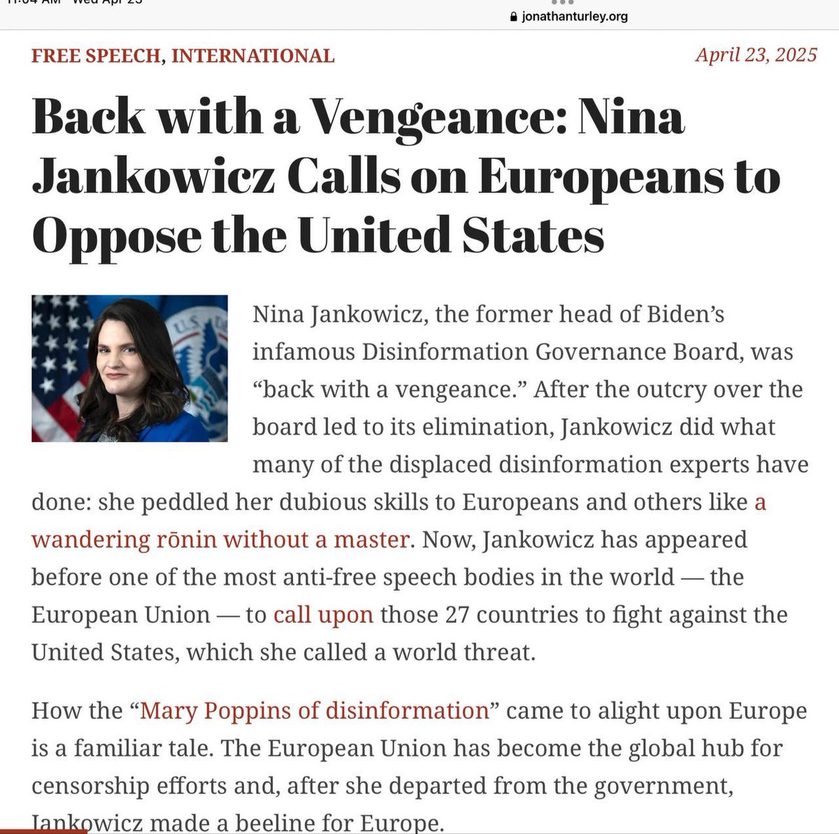 dmills3710's tweet image. Call It Treason: Has This Globalist Denounced Her American Citizenship Yet ? If Not, We Should Denounce It For Her

Back with a Vengeance: Nina Jankowicz, Former Head of Biden’s Infamous Disinformation Governance Board, Calls on Europeans to Oppose the US

jonathanturley.org/2025/04/23/bac…