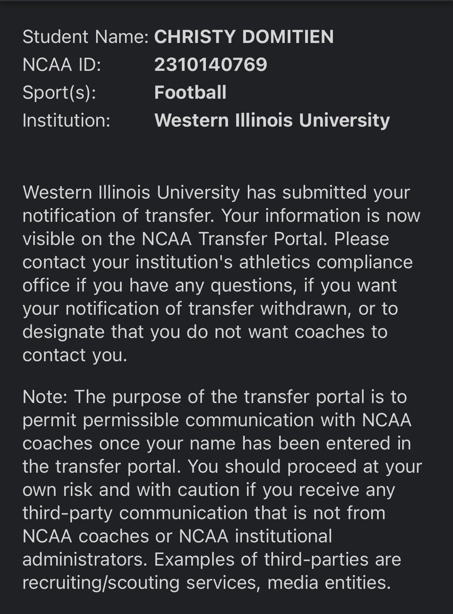 Christy Domitien (@domitienchristy) on Twitter photo Officially in the transfer portal with 4 years of eligibility left
thank you Western Illinois for everything .
-5’11 215 RB/ATH
Contact information
(217)-602-9338
christydomitien00@gmail.com Officially in the transfer portal with 4 years of eligibility left
thank you Western Illinois for everything .
-5’11 215 RB/ATH
Contact information
(217)-602-9338
christydomitien00@gmail.com