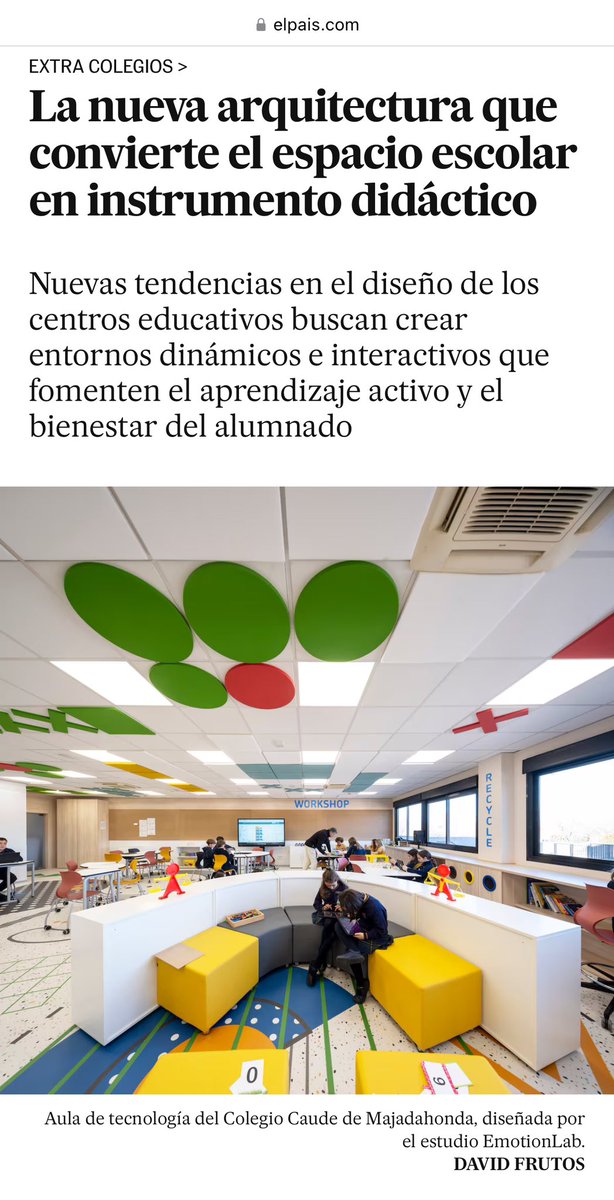 Nuevos espacios que ya trabajamos desde 2019 en <a href="/FPinnovacion/">FPiE+ Emprendimiento Aumentado</a> + bienestar alumnado con <a href="/FPnaranja/">FP Naranja</a> 
Más que el diseño, la clave es la forma de trabajo con ese diseño… 

elpais.com/extra/colegios… vía <a href="/el_pais/">EL PAÍS</a>