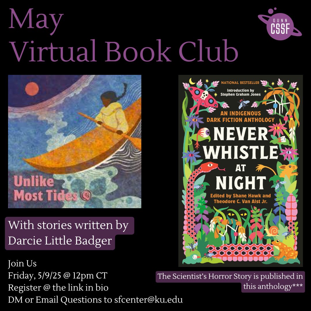 🧬Time for our May Virtual Book Club!⚓️

Join us this month to discuss “Unlike Most Tides" and "The Scientist's Horror Story" by Darcie Little Badger!

🗓️ When: May 9, 2025
🕛 Time: 12:00 PM Central Time
💻 Where: Zoom (Link in bio)

Don't forget to register—link is in our bio!