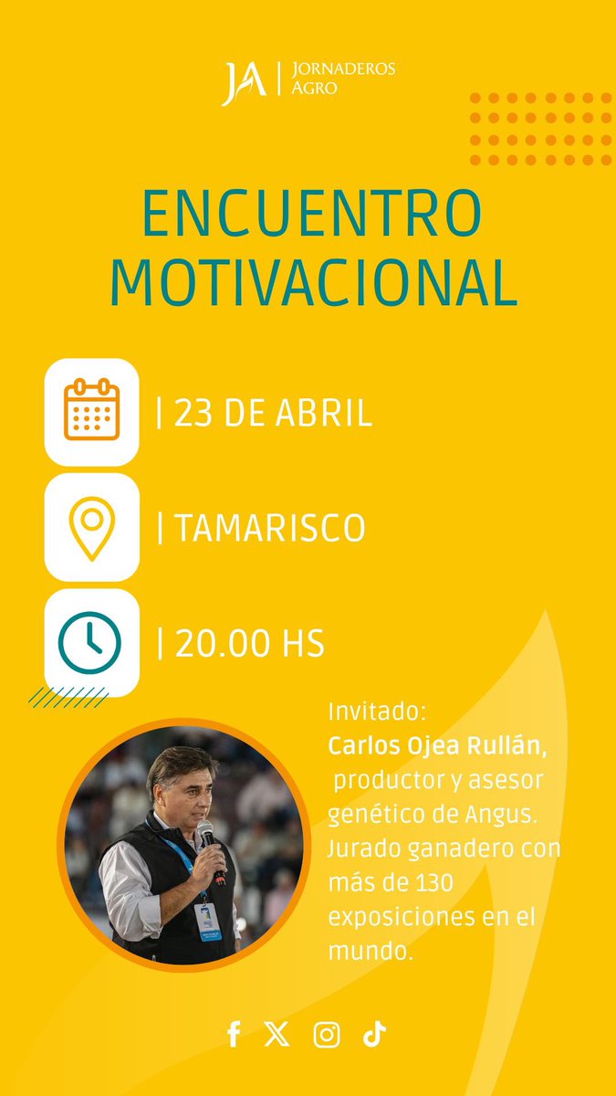 ¡Hoy tenemos el primer Encuentro Motivacional del año! 🚀

👤A cargo de Carlos Ojea Rullán, productor y asesor genético de Angus, ganador del premio La Nación-Banco Galicia 2023 a la excelencia agropecuaria en la categoría de mejor producción animal.

¡Los esperamos! 🙌🏼