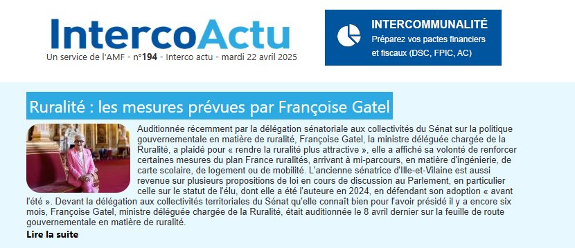 l_amf's tweet photo. #IntercoActu I Focus sur l’édition de cette semaine :
🌳 Ruralité : Entretien avec @FrancoiseGatel, ministre déléguée chargée de la Ruralité
📄 DILICO : Quelles sont les modalités d’application en 2025 ?
🚗 Transports et infrastructures : La politique de transport nécessite avant tout de financer les routes
📖 Retrouvez l’édition complète ➡️ https://t.co/Rb63QdD4Xz