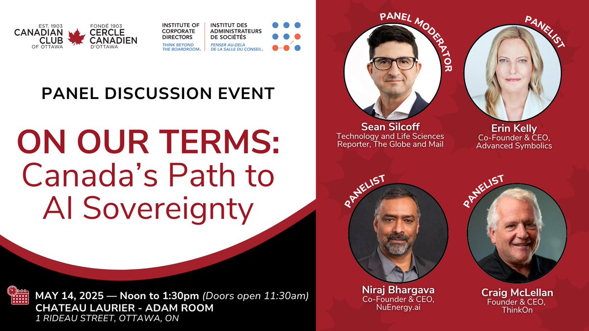 Join us + <a href="/ICDCanada/">Institute of Corporate Directors</a> for a timely discussion exploring what AI sovereignty really means for Canada, and how we can take the lead in shaping our #AI future on our own terms—from boardrooms to Cabinet tables. 🇨🇦🌐

TICKETS: canadianclubottawa.ca/collections/fr…