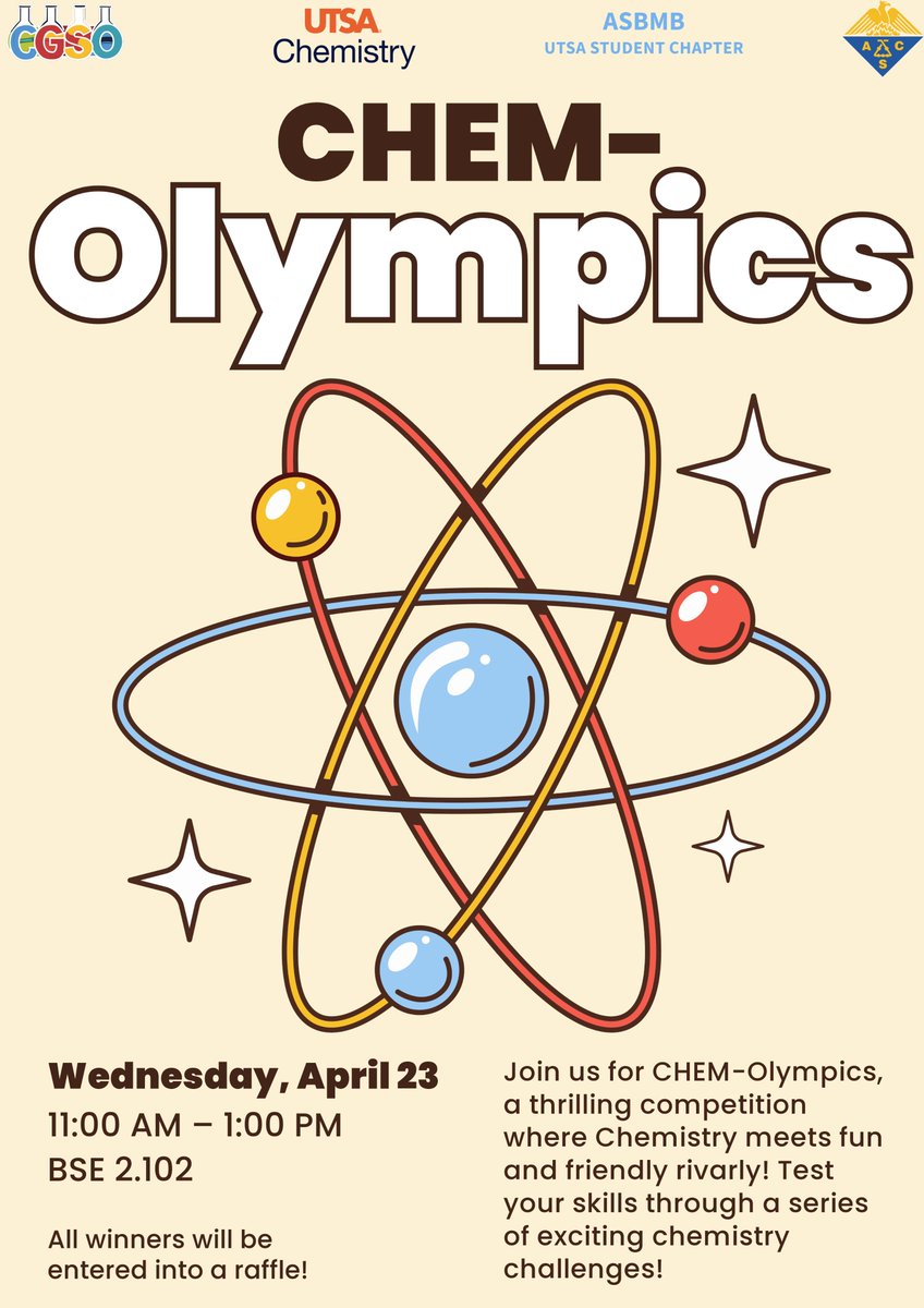 UTSAChemistry's tweet image. Join the Chemistry Dept with our student orgs for a thrilling competition, CHEM-Olympics, where Chemistry meets fun and friendly rivalry! Test your skills through a series of exciting Chemistry challenges HAPPENING NOW, Wednesday, April 23 from 11AM–1PM in BSE 2.102.