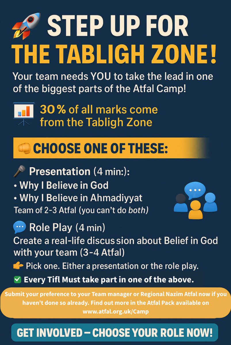 Atfal Camp - 16 Days to go!
The Atfal Team is excited to welcome all Atfal registered for the Atfal Camp. 

Have you made your choice for the Tabligh Zone yet???

Visit Atfal.org.uk/Camp and read the Atfal Pack
