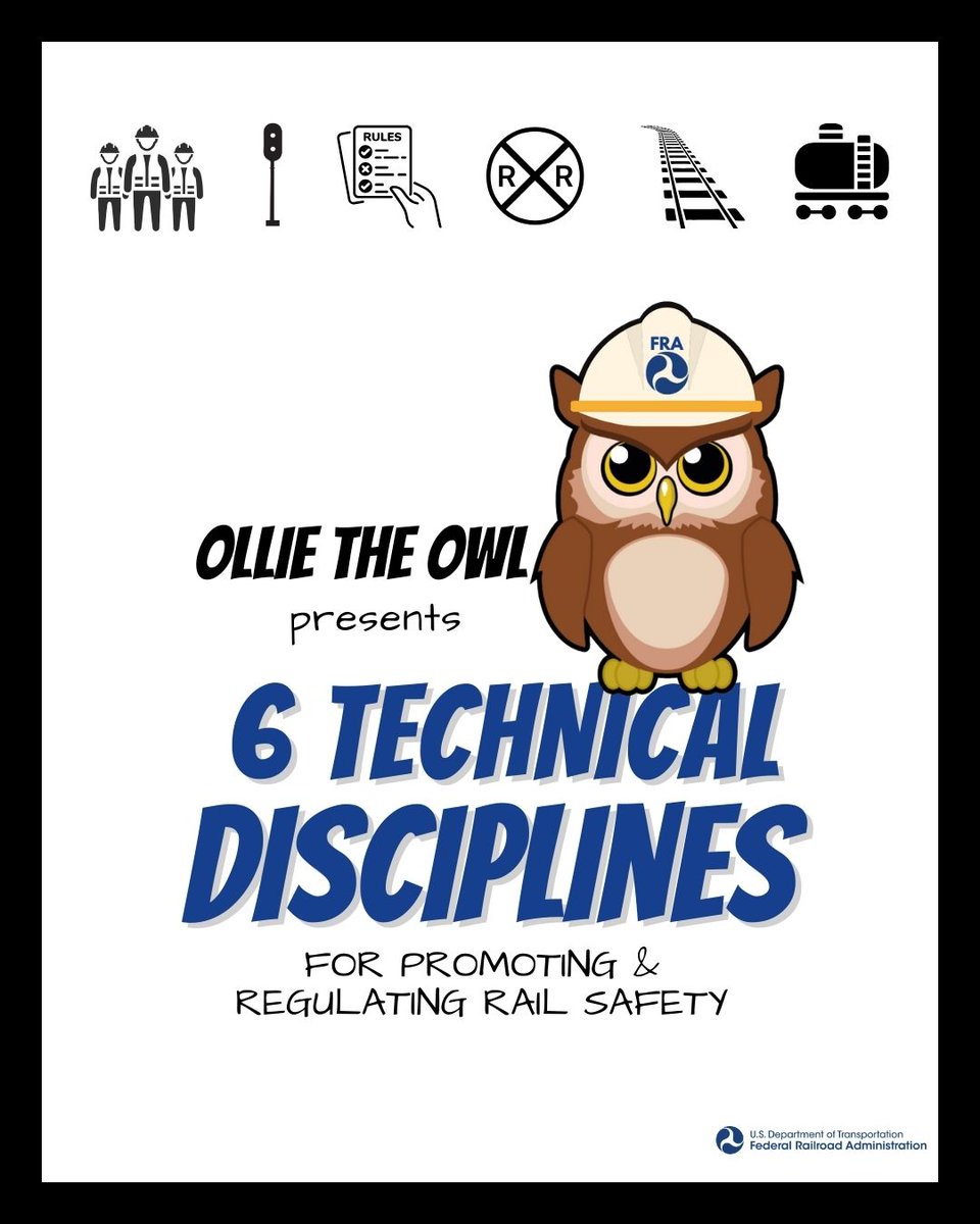 Ollie the Owl: The FRA Office of Railroad Safety executes its regulatory and inspection responsibilities through a diverse staff of railroad safety experts. Our Safety Inspectors specialize in one of six technical disciplines focusing on compliance and enforcement in: 

🦺Grade