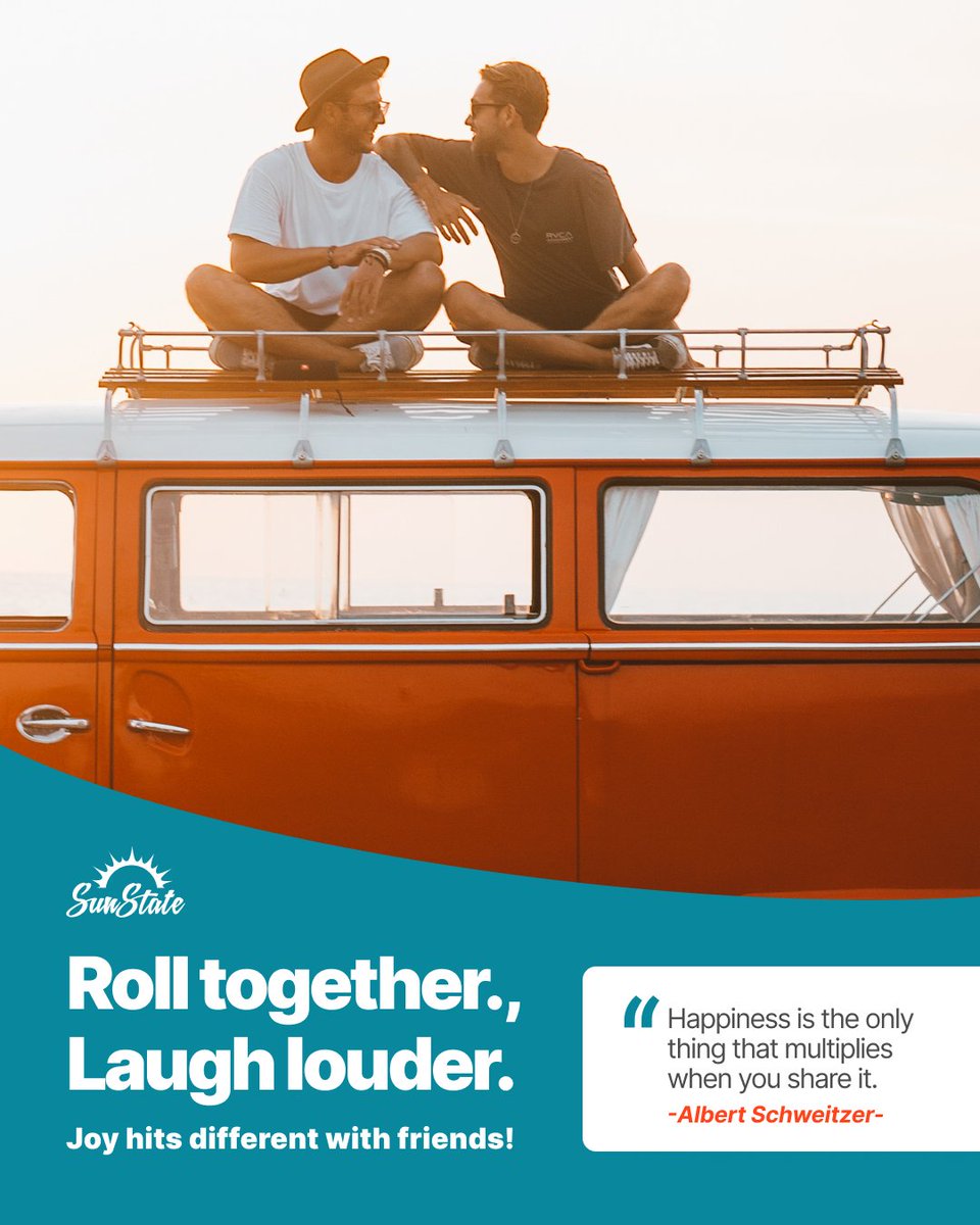 ☀️ Good vibes, great views, and even better company.
At Sun State, we believe joy hits different when it's shared — especially with your day-ones. 💚
✨ Roll together. Laugh louder.
Because happiness? It’s meant to multiply.

#GoodVibesOnly
#AdventureBuddies
#SunsetVibes