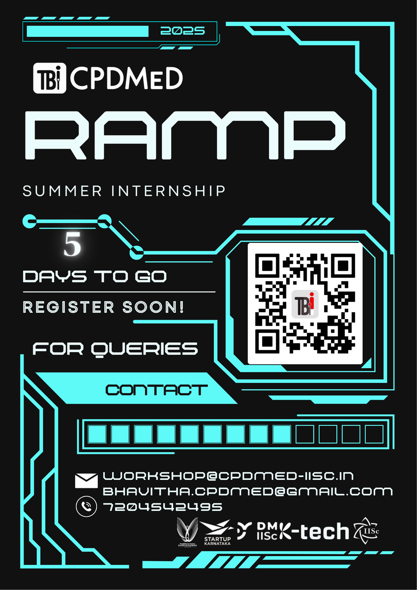 CPDMED_IISc's tweet image. Only 5 Days to Go! 
Don’t miss out on RAMP!
Deadline: 28 April 2025
Inspiring sessions
Networking opportunities
Exclusive perks for registrants
Register now: forms.gle/bbvMrhaYsEjkYo…
#5DaysToGo #RegisterNow #CountdownBegins #DontMissOut #EventName #LastChance #DM #IISc #CPDMEDTBI