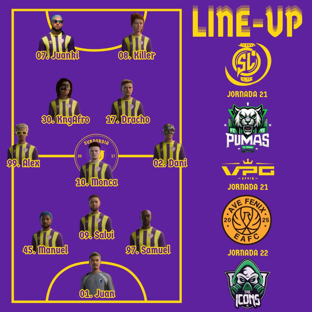 Subnordia eSports (@subnordia) on Twitter photo Alineación de esta noche para luchar los 3 puntos en los partidos de <a href="/SoccerLeagueEsp/">Soccer League</a> y <a href="/VPG_Spain/">Virtual Pro Gaming España</a>. ¡Dale Subnordia, aprieta gorrión! 💛💜
#Subnordia
#NextGen
#vpgspain Alineación de esta noche para luchar los 3 puntos en los partidos de <a href="/SoccerLeagueEsp/">Soccer League</a> y <a href="/VPG_Spain/">Virtual Pro Gaming España</a>. ¡Dale Subnordia, aprieta gorrión! 💛💜
#Subnordia
#NextGen
#vpgspain