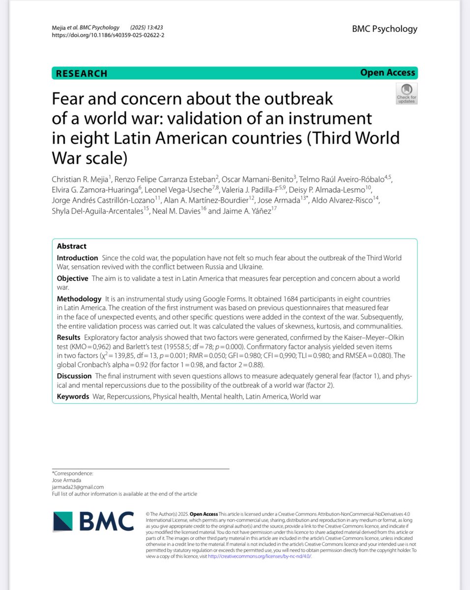 Segunda vez en una Q1!  Esta vez con una escala de validación de más de mil pacientes en 8 países de Latinoamérica 

bmcpsychology.biomedcentral.com/counter/pdf/10…