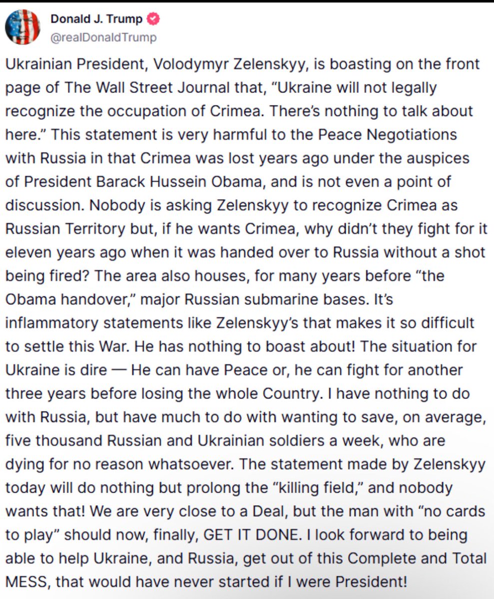BREAKING:  Trump lies about Ukraine to mask his own failures:

Fact Check:

Crimea was illegally annexed by Russia in 2014, violating international law. Nearly every country—including the U.S. under both Republican and Democratic administrations—has refused to recognize Russia’s