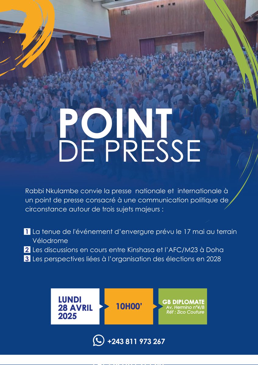 Serge Mubwa (@serge_mubwa) on Twitter photo <a href="/RabbiNkulambe1/">Rabbi Nkulambe</a> convie la presse ce lundi 28 Avril 2025 pour une communication suivant le programme sur l'affiche ci-dessous 👇 <a href="/RabbiNkulambe1/">Rabbi Nkulambe</a> convie la presse ce lundi 28 Avril 2025 pour une communication suivant le programme sur l'affiche ci-dessous 👇