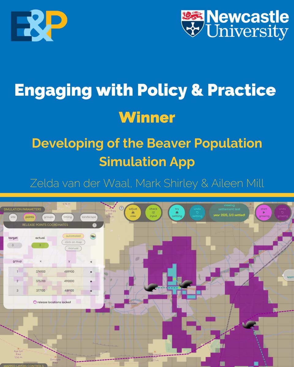 This collaboration led to the co-creation of a high quality app to simulate beaver populations, helping to support wildlife management decision-making. A unique and innovative project that supports ecology up and down the country 🦫🏆 #engageawards2025