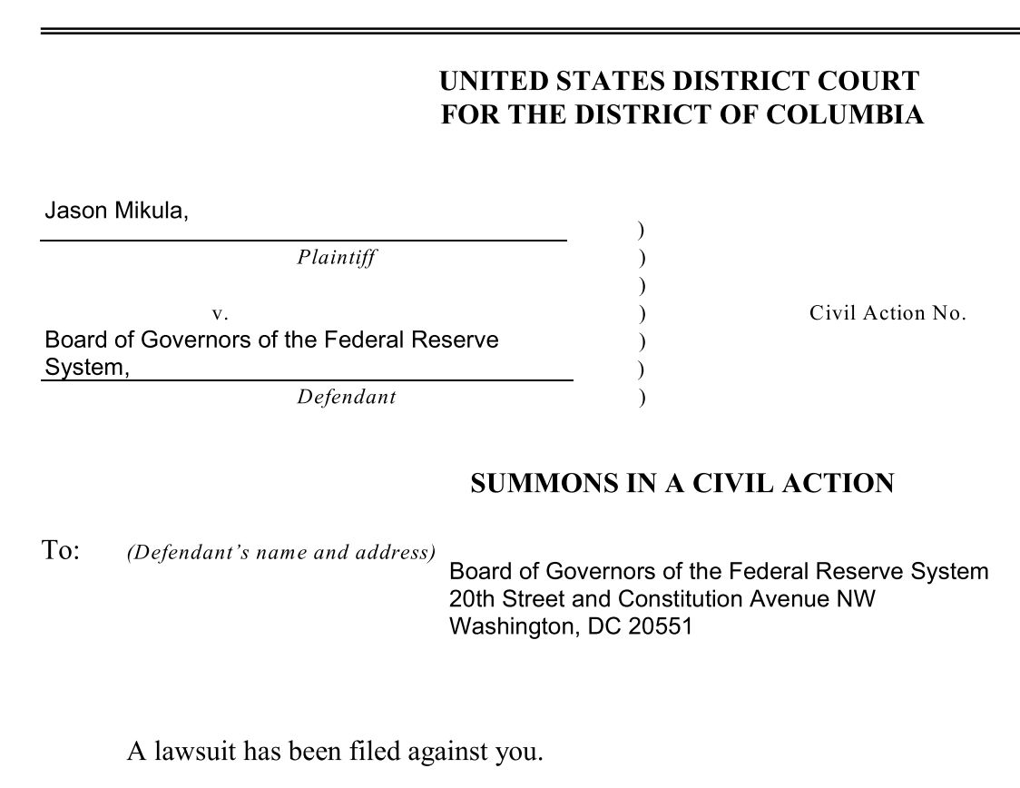 Fed Chair Powell: consider yourself ~served~

I've filed a lawsuit in an effort to enforce my Freedom of Information Act request, filed last July, for non-exempt documents related to the Synapse-Evolve disaster.