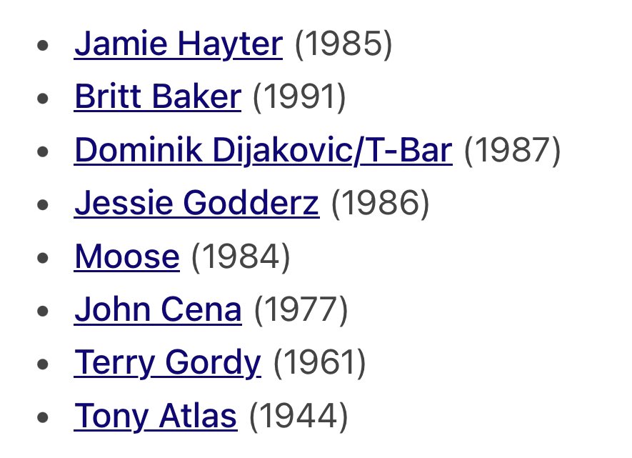 Hooked On Wrestling (@howrestlinguk) on Twitter photo Today is my birthday. Look at this line up of wrestlers I share the day with
Surely there cant be another day in the year with as strong a line up of birthdays as that?
#HallOfFameBirthday
<a href="/JohnCena/">John Cena</a> <a href="/tonyatlas/">Tony Atlas Mr. USA</a> <a href="/TheMooseNation/">MOOSE™️</a> <a href="/DijakFYE/">DONOVAN DIJAK</a> <a href="/RealBrittBaker/">Dr. Britt Baker, D.M.D.</a> <a href="/jmehytr/">JAMIE HAYTER</a> <a href="/MrPEC_Tacular/">Mr. PEC-Tacular®️ Jessie Godderz</a> Today is my birthday. Look at this line up of wrestlers I share the day with
Surely there cant be another day in the year with as strong a line up of birthdays as that?
#HallOfFameBirthday
<a href="/JohnCena/">John Cena</a> <a href="/tonyatlas/">Tony Atlas Mr. USA</a> <a href="/TheMooseNation/">MOOSE™️</a> <a href="/DijakFYE/">DONOVAN DIJAK</a> <a href="/RealBrittBaker/">Dr. Britt Baker, D.M.D.</a> <a href="/jmehytr/">JAMIE HAYTER</a> <a href="/MrPEC_Tacular/">Mr. PEC-Tacular®️ Jessie Godderz</a>