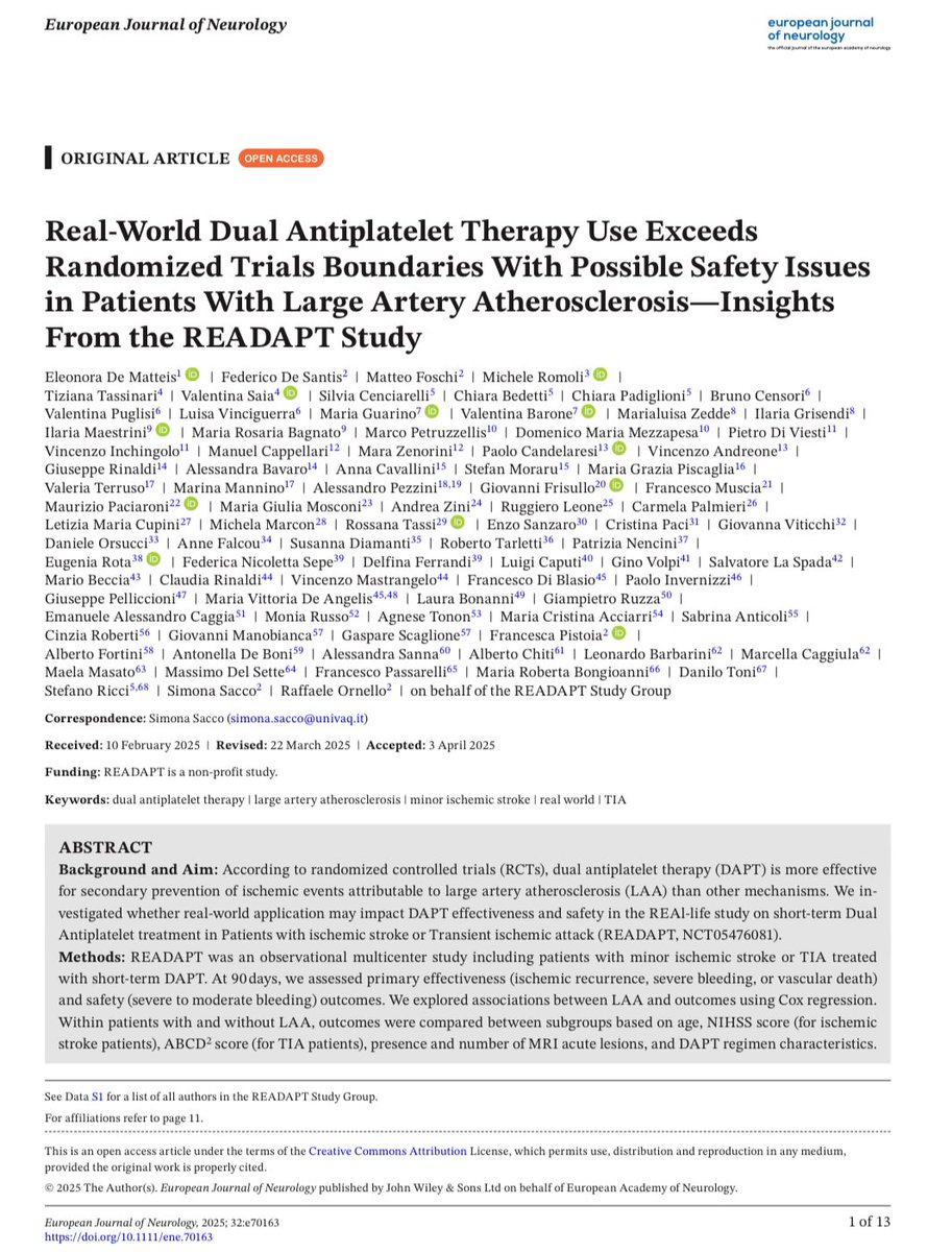 Matteo Foschi (@mattfos89) on Twitter photo 📢 New in <a href="/EurJournalNeuro/">European Journal of Neurology</a> Real-world DAPT use often exceeds trial limits—what’s the impact on stroke patients with large artery atherosclerosis (LAA)? 🧠💊
onlinelibrary.wiley.com/doi/10.1111/en…
<a href="/Simona_Sacco_/">Simona Sacco</a> <a href="/Eleonor32576320/">Eleonora</a> <a href="/fededs00/">Federico De Santis</a> <a href="/RaffaeleOrnello/">Raffaele Ornello</a> <a href="/univaq/">Università degli Studi dell'Aquila</a> 📢 New in <a href="/EurJournalNeuro/">European Journal of Neurology</a> Real-world DAPT use often exceeds trial limits—what’s the impact on stroke patients with large artery atherosclerosis (LAA)? 🧠💊
onlinelibrary.wiley.com/doi/10.1111/en…
<a href="/Simona_Sacco_/">Simona Sacco</a> <a href="/Eleonor32576320/">Eleonora</a> <a href="/fededs00/">Federico De Santis</a> <a href="/RaffaeleOrnello/">Raffaele Ornello</a> <a href="/univaq/">Università degli Studi dell'Aquila</a>