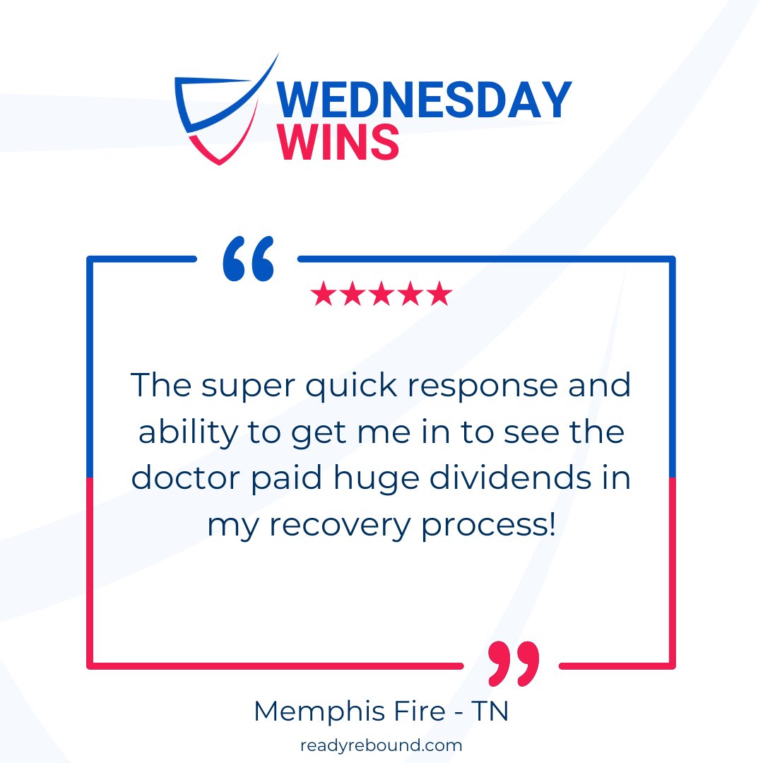 Quick care made a big difference! This firefighter's recovery journey started strong thanks to Ready Rebound’s fast response and seamless doctor access. We protect those who protect us!

#ReadyRebound #FastTrackRecovery #Health #Memphis