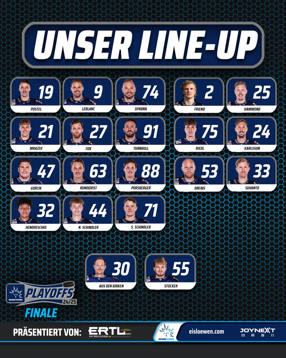 Spiel 4 der Finalserie gegen die Ravensburg Towerstars beginnt um 19:30 Uhr - wir starten mit dieser Aufstellung!

#EislöwenRudel #DresdnerEislöwen #DREvsRVT