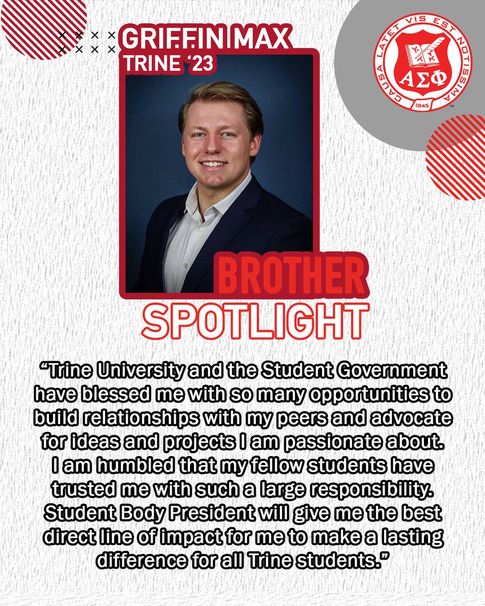 alphasigs's tweet photo. We are thrilled to recognize Brother Griffin Max, Trine '23, on his recent election as Student Body President!
Congratulations, Griffin! We look forward to seeing the positive impact you will have on the Trine campus and community.
#AlphaSig #TBTM https://t.co/9EAEiYQOUi