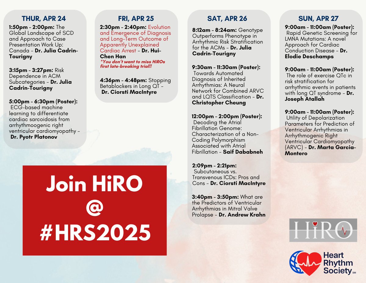 Sunny skies and cutting-edge science await as #HRS2025 kicks off this week in San Diego! Check out the exciting line-up of talks and posters by HiRO investigators as they dive into the latest in #cardiogenetics 🧬🫀
