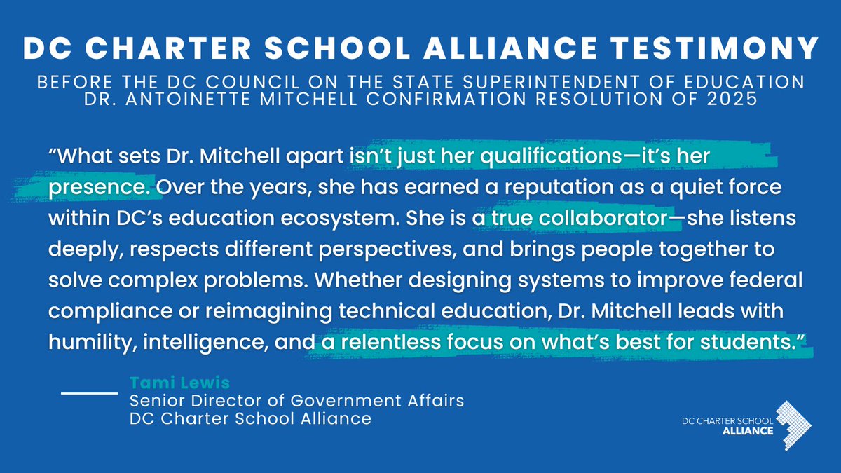 Today, DC Alliance’s Sr. Director of Government Affairs, Tami Lewis, testified before the <a href="/councilofdc/">Council of DC</a> in support of Dr. Antoinette Mitchell’s confirmation as State Superintendent of Education (<a href="/OSSEDC/">OSSE</a>). We're proud to support her confirmation! Read more: dccharters.org/blog/testimony…