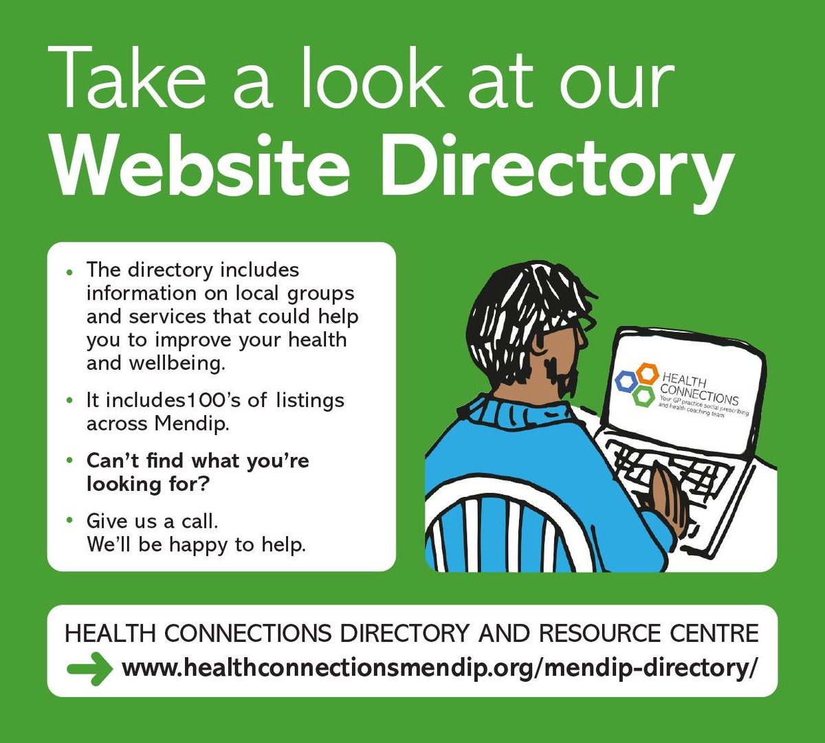 Our website directory and resource centre has 70 categories and lots of listings for services, groups and projects across the whole of Mendip 👇 
healthconnectionsmendip.org/mendip-directo…

People can also give us a call to find out what support is available locally, on 01373 468368