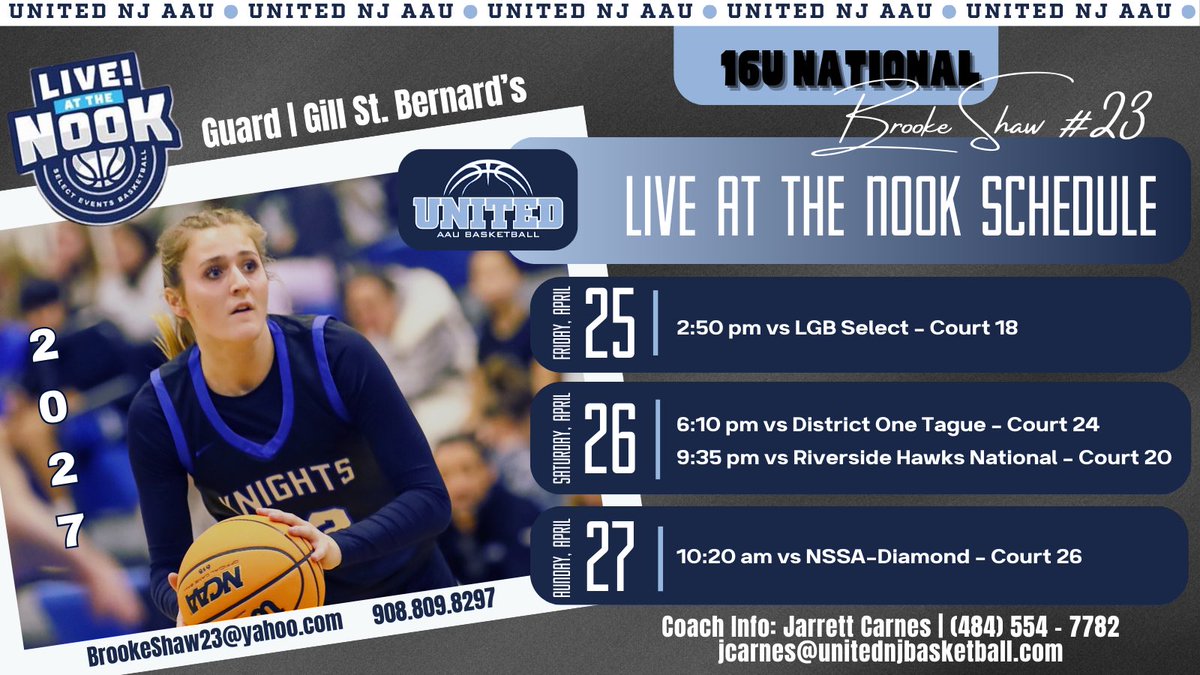 Brooke Shaw (@brookeshaw2308) on Twitter photo Here is my schedule for Spooky Nook this weekend with my 16U National team! Come check us out!!
<a href="/jcarnesjr/">Coach Carnes</a>
<a href="/unitedNJaau/">United NJ AAU</a>
<a href="/CoachJimmy_O/">Jimmy Ostaszewski</a>
<a href="/CoachGaba/">Coach Joe Gaba</a>
<a href="/GSB_WBB/">Knights WBB</a> Here is my schedule for Spooky Nook this weekend with my 16U National team! Come check us out!!
<a href="/jcarnesjr/">Coach Carnes</a>
<a href="/unitedNJaau/">United NJ AAU</a>
<a href="/CoachJimmy_O/">Jimmy Ostaszewski</a>
<a href="/CoachGaba/">Coach Joe Gaba</a>
<a href="/GSB_WBB/">Knights WBB</a>