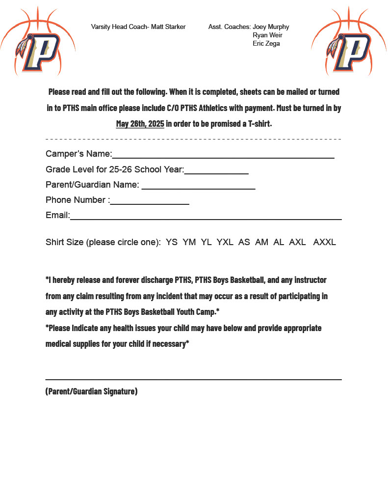 We are excited to host youth camps this summer for incoming 3rd - 8th graders! Please check out the info for details and directions how to sign up at PTHS. Have questions? Contact Coach Starker. Make sure you sign up by May 26th to guarantee a shirt, we hope to see you June 9th!
