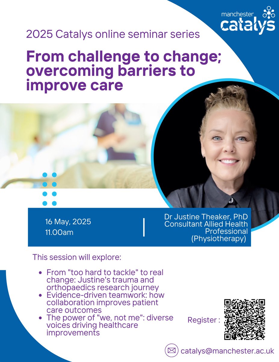 Manchester Catalys (@mcrcatalys) on Twitter photo New Catalys online seminar!
Join us for a 45m deep-dive into the challenges of conducting applied, real-world #research in #healthcare.
Justine will discuss her own experiences & how she has overcome challenges to have impact.
Sign up: events.teams.microsoft.com/event/78d9305f…
<a href="/Kimberley_S_J/">Kimberley S-Jamieson</a> New Catalys online seminar!
Join us for a 45m deep-dive into the challenges of conducting applied, real-world #research in #healthcare.
Justine will discuss her own experiences & how she has overcome challenges to have impact.
Sign up: events.teams.microsoft.com/event/78d9305f…
<a href="/Kimberley_S_J/">Kimberley S-Jamieson</a>