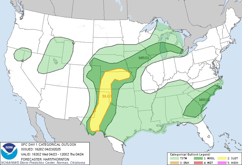 11:30am CDT #SPC Day1 Outlook Slight Risk: across parts of the southern/central Plains spc.noaa.gov/products/outlo…