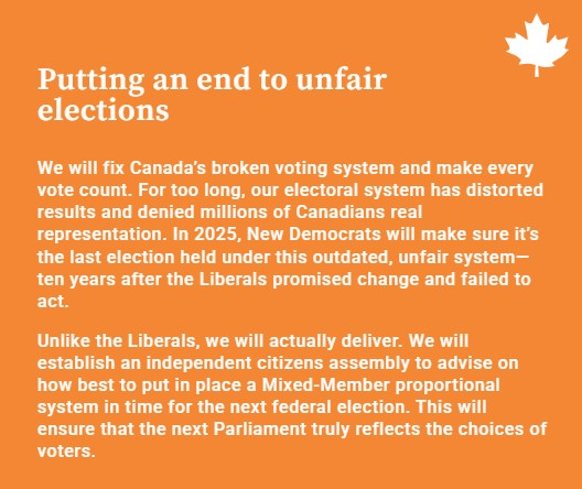Fantastic to see commitments from the <a href="/NDP/">NDP</a>  to proportional representation!

With rising authoritarianism, our democracy is too important to leave to politicians elected with just 30–40% support.

Ask your candidates where they stand, and vote accordingly.

#cdnpoli
