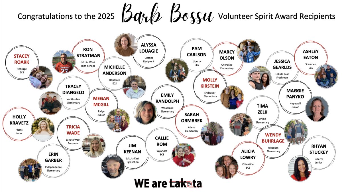 At this morning's Barb Bossu Volunteer Spirit Awards we recognized incredible volunteers from each Lakota school as well as Alyssa Louagie for her tremendous impact on the Lakota district. Congratulations to all 2025 recipients!  #WEareLakota