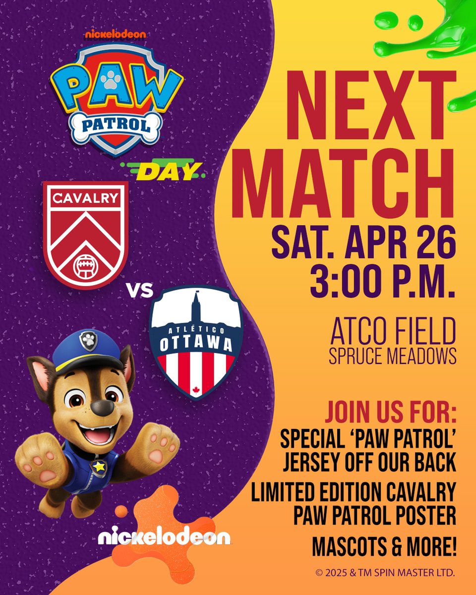 🚨 CALLING ALL PAW PATROL FANS! 🚨

Adventure Bay meets the pitch THIS SATURDAY as Cavalry FC takes on Atlético Ottawa in our Paw Patrol Match! 🐾⚽

🗓 Saturday, April 26
🕒 Kickoff at 3:00 PM (Doors open at 1:30 PM)

Here's what’s in store:

🐶 FREE Cavalry FC x Paw Patrol