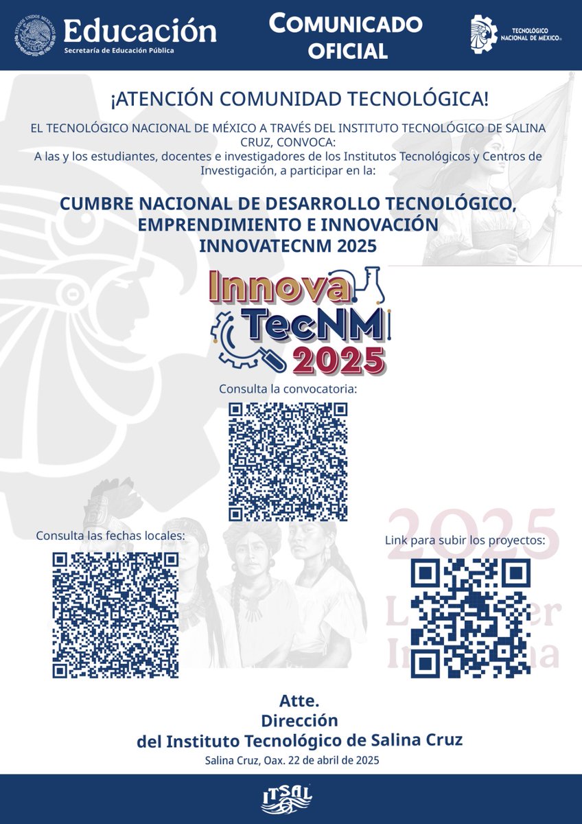 ¡ATENCIÓN COMUNIDAD TECNOLÓGICA!
CUMBRE NACIONAL DE DESARROLLO TECNOLÓGICO, EMPRENDIMIENTO E INNOVACIÓN INNOVATECNM 2025 
Consulta la convocatoria:
snitmx-my.sharepoint.com/my?id=%2Fperso…
Aquí puedes subir tus proyectos:
innova.tecnm.mx