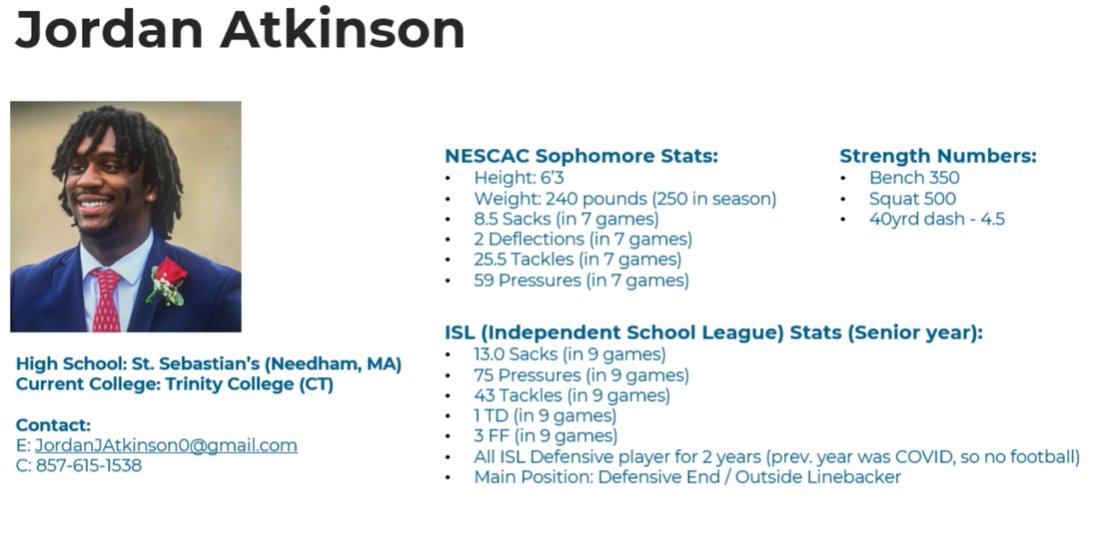 TRANSFER OPPORTUNITY
Jordan Atkinson - DL currently at Trinity (NESCAC) - All-Conference Player

docsend.com/view/uw5nut2wm…

A great find for a team looking for a DL with a motor who can be disruptive to opposing offenses.  

Solid work in the classroom and he will be a big add in